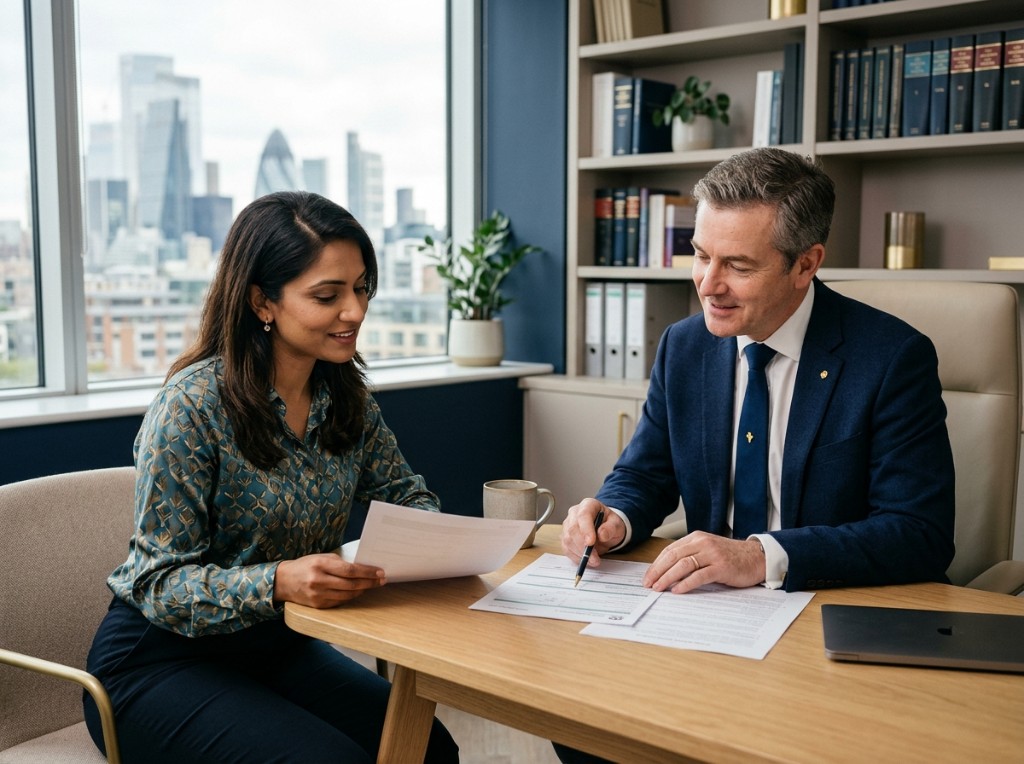 Alcott Solicitors consultation — advisors reviewing documents together in a modern office